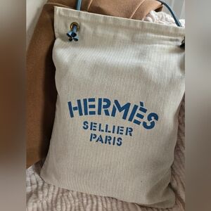 Authentic HERMÈS Large Tote Satchel Herringbone Canvas‎ & Leather Weekender